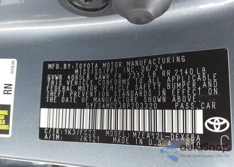 2024 Toyota Corolla Se из США, поврежденный, VIN 5YFS4MCE3RP203320